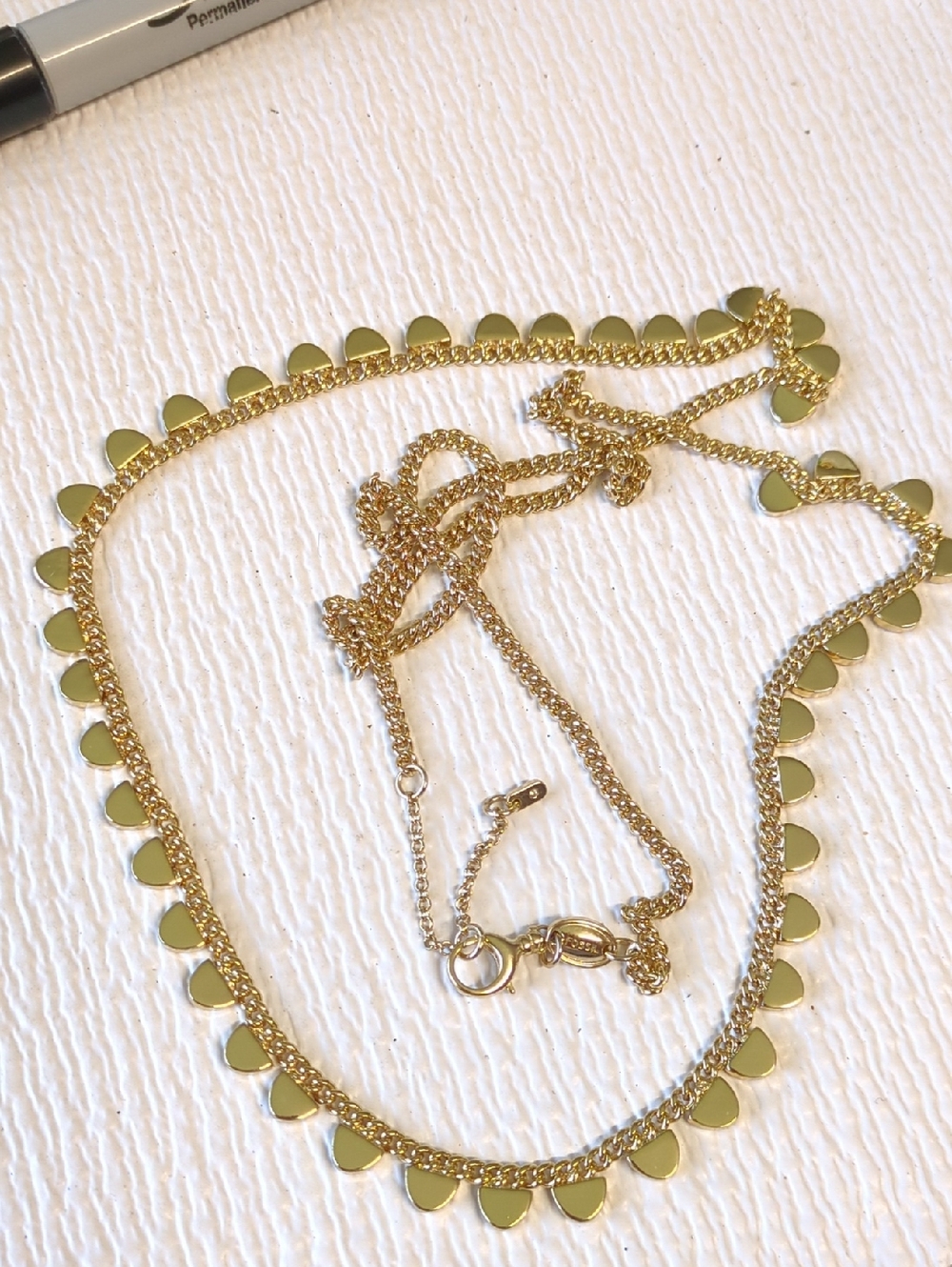 🎂Vtg Fossil Goldtone Shingle Fringe Necklace - 45 Semi-Oval Drops - 33-35"